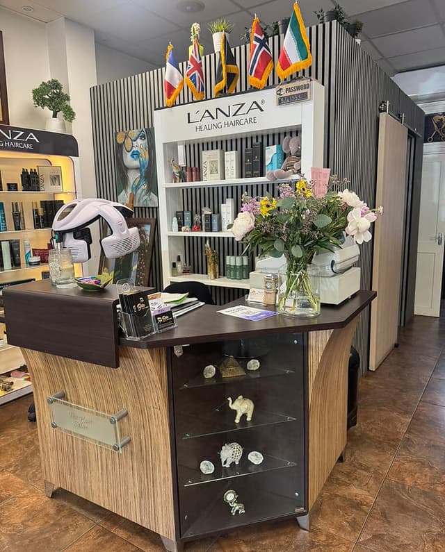 Reception and L'ANZA retail display inside Bita Hair Studio, Southampton